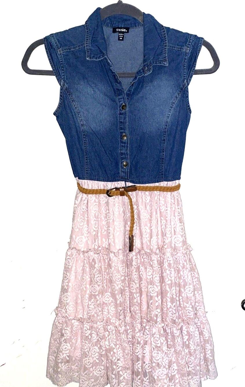 Zunie Denim And Lace Mixed Dress Jean and Pink Lace Youth Size 14 Country Chic
